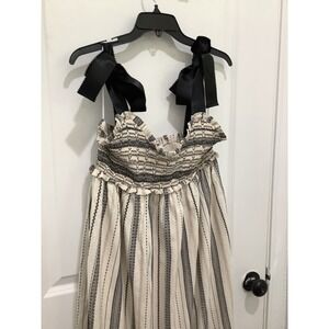 LOVELO Striped Smocked Maxi Dress Cream Black Ribbon Tie Straps Boho Large